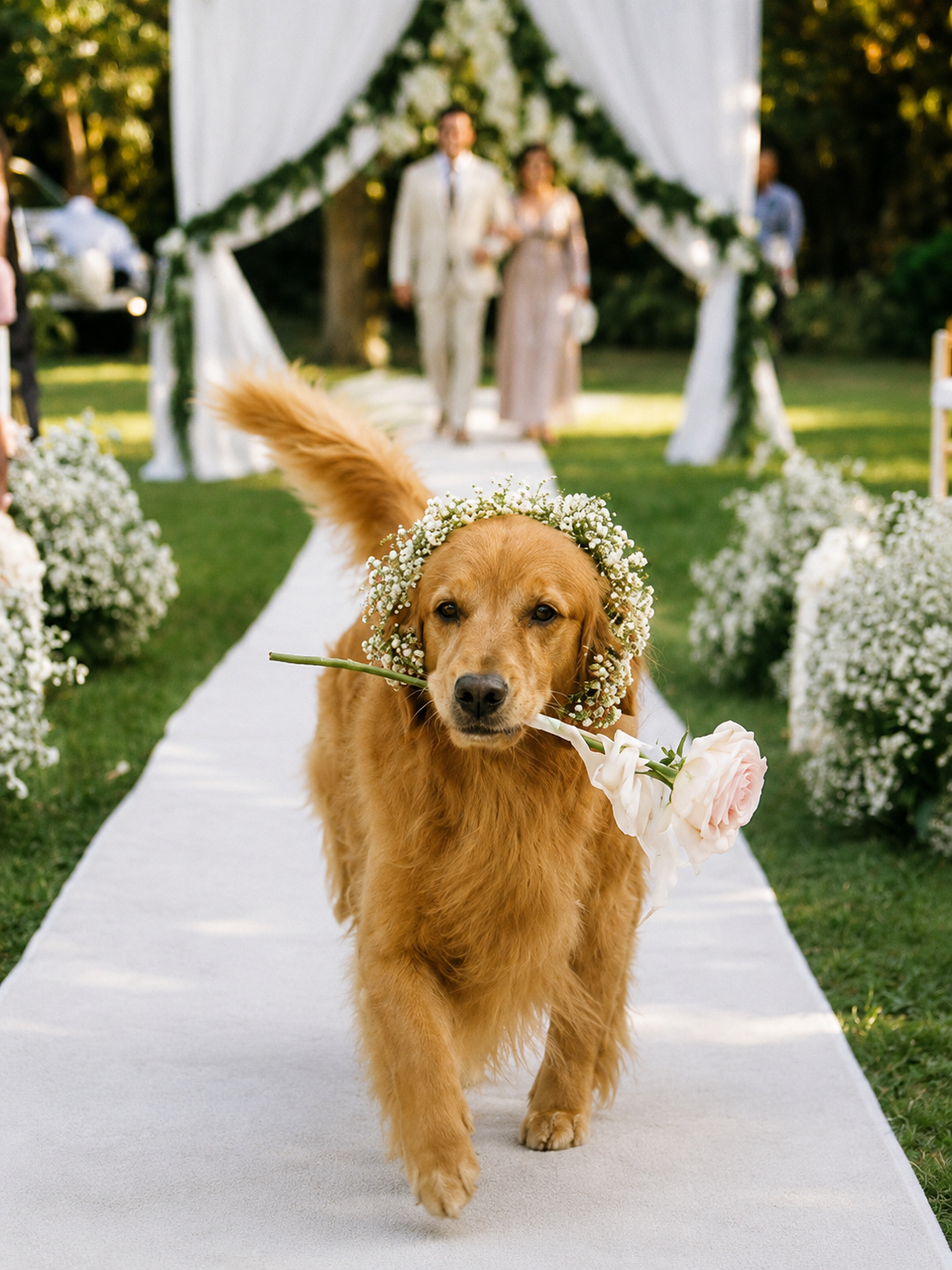 Golden retriever walking down the aisle at a wedding
